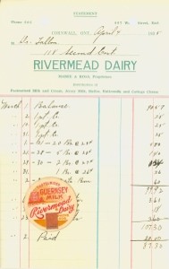 Scanned Rivermead Dairy invoice or delivery record from Cornwall, Ontario, dated 1947. The document lists customer information, handwritten milk order entries, prices, and payment totals. A colourful Rivermead Dairy Guernsey Milk logo appears near the lower left side of the page.