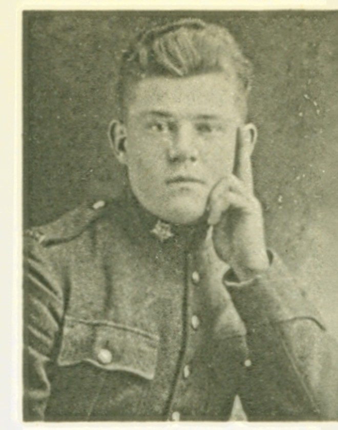 Black-and-white portrait of a man in a military uniform, resting his head on his hand, conveying a contemplative expression. The uniform features a high collar and buttons.