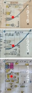 A series of three vintage maps from 1916, 1923, and 1947, each marked with a red star on a street labeled "Sixth." The maps show urban development over time.