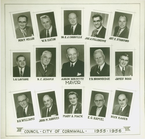 Black and white photo of the 1955-1956 Cornwall City Council, featuring portraits of the mayor and council members in formal attire.