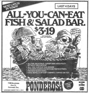 Cartoon of two sailors in a boat filled with fish and salad promotes an all-you-can-eat fish and salad bar. Price is $3.19. Offer is limited time only.
