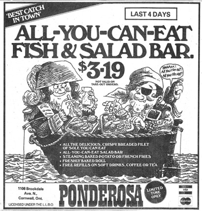 Cartoon of two sailors in a boat filled with fish and salad promotes an all-you-can-eat fish and salad bar. Price is $3.19. Offer is limited time only.
