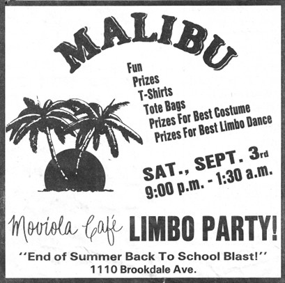 Flyer for a Malibu-themed limbo party at Moviola Café on Sept. 3rd, 9 p.m. to 1:30 a.m. Features palm trees, fun prizes, and festive vibes.