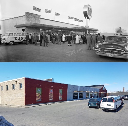 A black-and-white historical photo of a crowded 1950s store opening with flags and vintage cars, juxtaposed with a modern-day image of the same location, less crowded with parked vans, under a clear blue sky.