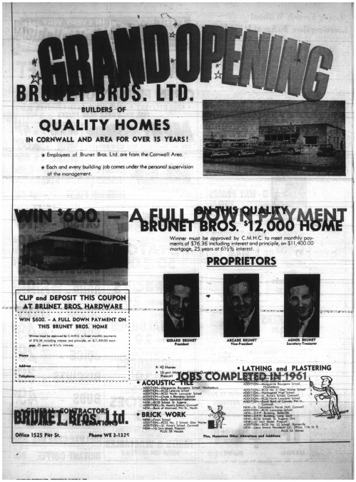 Black and white grand opening flyer for Brunet Bros. Ltd., promoting quality homes in Cornwall. Win a $600 down payment; includes owner photos.