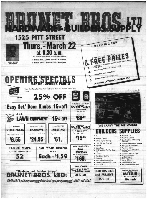 Vintage advertisement for Brunet Bros Ltd, a hardware and builder supply store, featuring store opening specials, discounts, free prizes, and product listings.