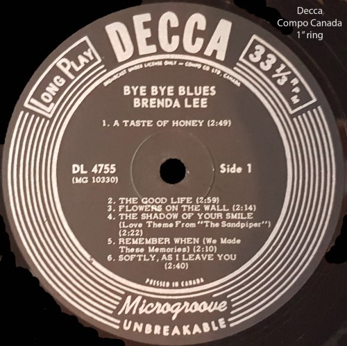 Close-up of a vintage Decca vinyl record label for "Bye Bye Blues" by Brenda Lee. Black disc with white text, highlighting six song titles on Side 1.