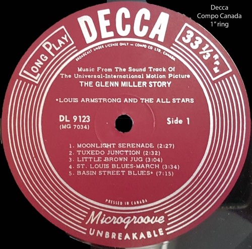 Red Decca record label featuring music from "The Glenn Miller Story" by Louis Armstrong and the All Stars, listing five track titles on Side 1.