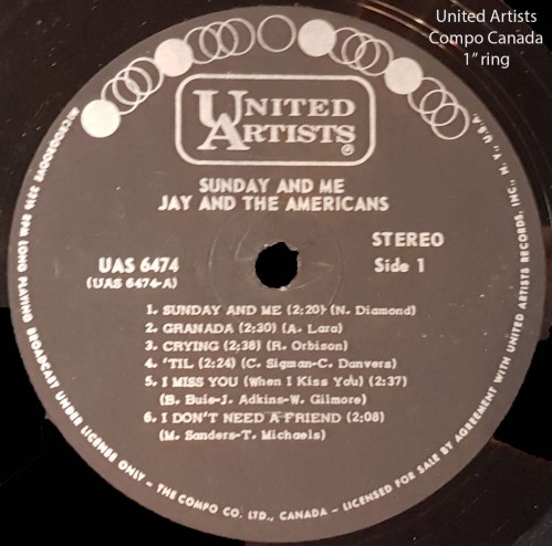 Black vinyl record label reads "United Artists" with album title "Sunday and Me" by Jay and the Americans. Includes track list and recording details.