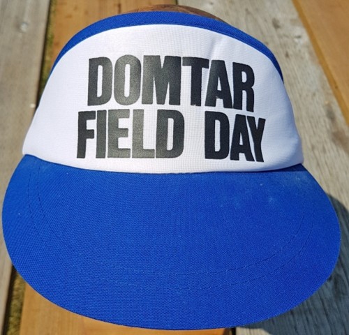 Blue visor hat with bold black text "DOMTAR FIELD DAY" on a white band. The hat rests on a wooden surface, suggesting an outdoor event.