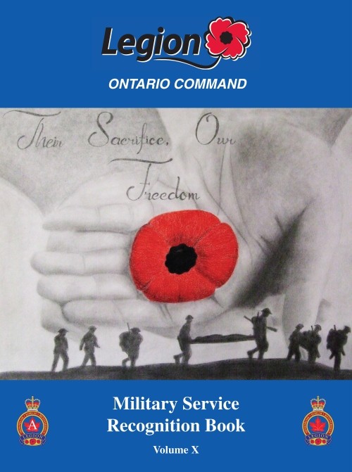 Cover of the Military Service Recognition Book Volume X shows Legion logo, a large red poppy, silhouettes of soldiers, and text: "Their Sacrifice, Our Freedom."