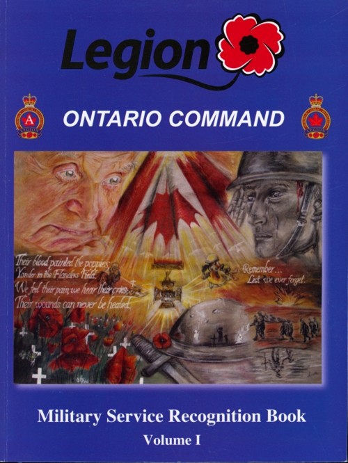 Blue cover of the "Military Service Recognition Book, Volume I." Features a poppy, soldier portraits, a Canadian flag, and remembrance quotes. Tone is respectful and solemn.