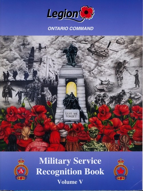 Cover of the Military Service Recognition Book, Volume V, featuring a central war memorial with poppies and soldiers, conveying remembrance.