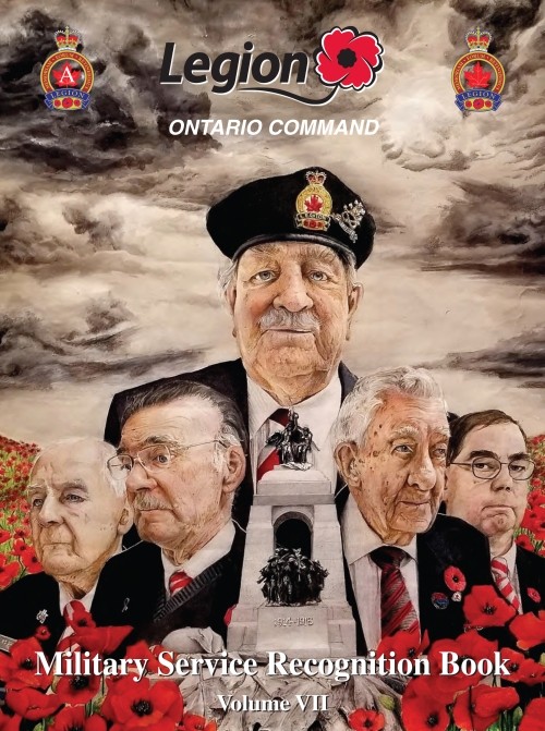 Cover of the "Military Service Recognition Book, Volume VII" by the Legion Ontario Command. Illustrations of veterans with poppies and a monument in the background.