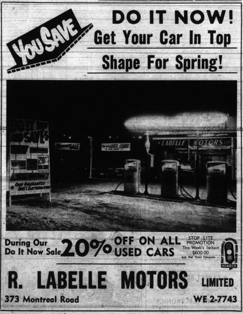Vintage advertisement for R. Labelle Motors promoting a spring sale. Features gas pumps, bold text urging car maintenance, and a 20% discount on used cars.
