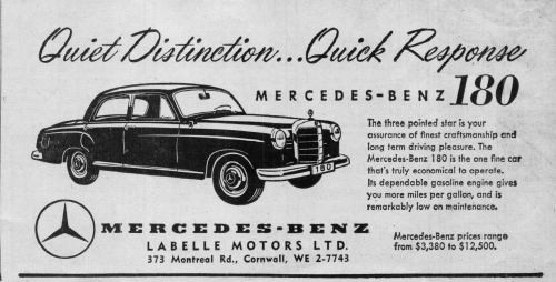 Black and white vintage ad for a Mercedes-Benz 180 features a classic car illustration. Text highlights its craftsmanship, economy, and low maintenance.