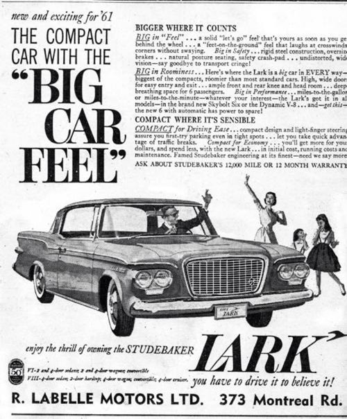 Vintage ad for the 1961 Studebaker Lark. It features a large car illustration with passengers, emphasizing "BIG CAR FEEL" and compact design benefits.