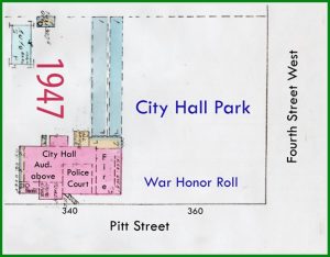 Map of City Hall Park layout from 1947, showing locations of City Hall, Police Court, and Fire Station, along Pitt Street and Fourth Street West.