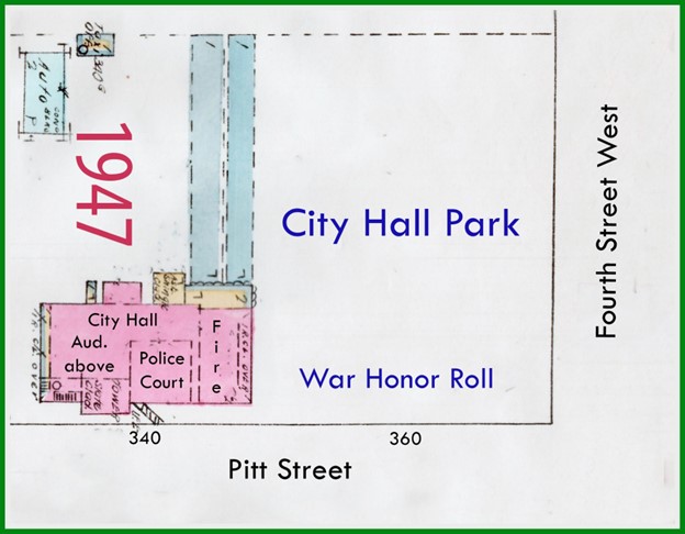 Map of City Hall Park layout from 1947, showing locations of City Hall, Police Court, and Fire Station, along Pitt Street and Fourth Street West.