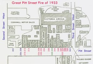 Map titled "Great Pitt Street Fire of 1933" shows buildings on Second and Third Streets, as well as the Victoria Arena. Fire origin is marked as central.