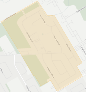 A map highlights an outlined area bordered by Mathew Avenue, Lynn Street, Fraser Avenue, Jane Street, and Anderson Drive.