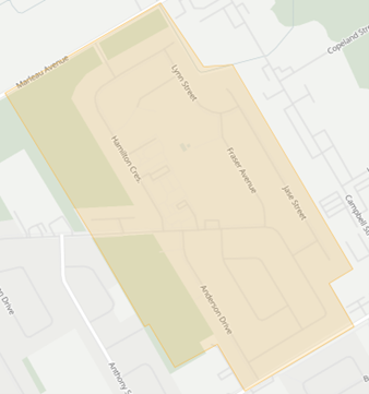 A map highlights an outlined area bordered by Mathew Avenue, Lynn Street, Fraser Avenue, Jane Street, and Anderson Drive.